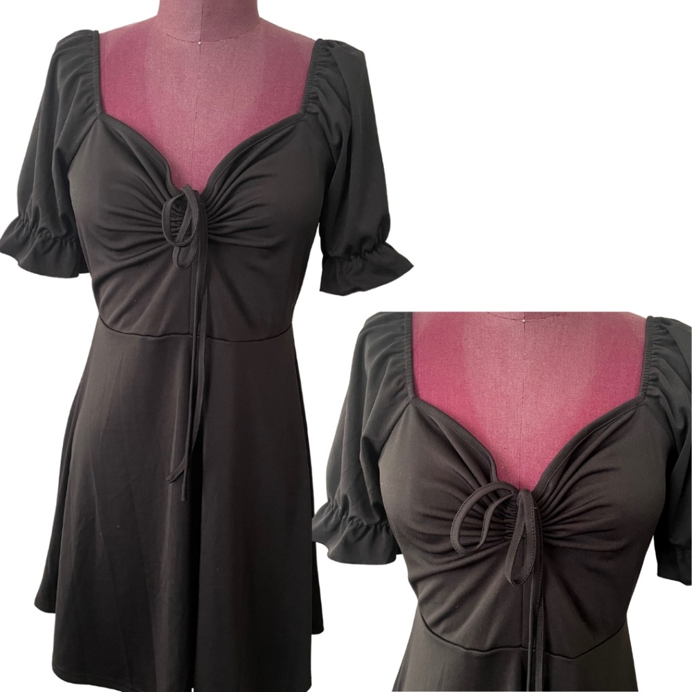 Black Peasant Milkmaid Fit and Flare Ruched Mini Dress | Size 12 Large XL